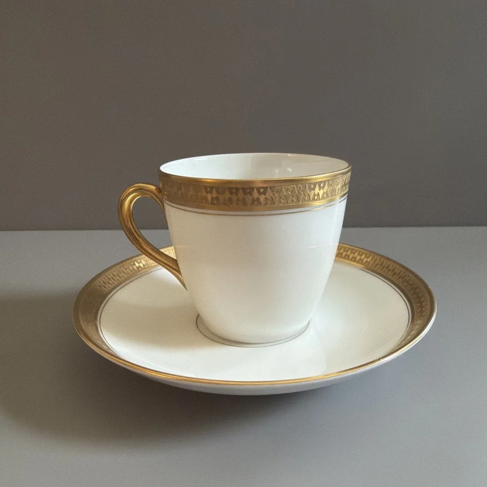 Art Deco TK Thuny Czechoslovakia Porcelain Demitasse Cup & Saucer White w/ Gold